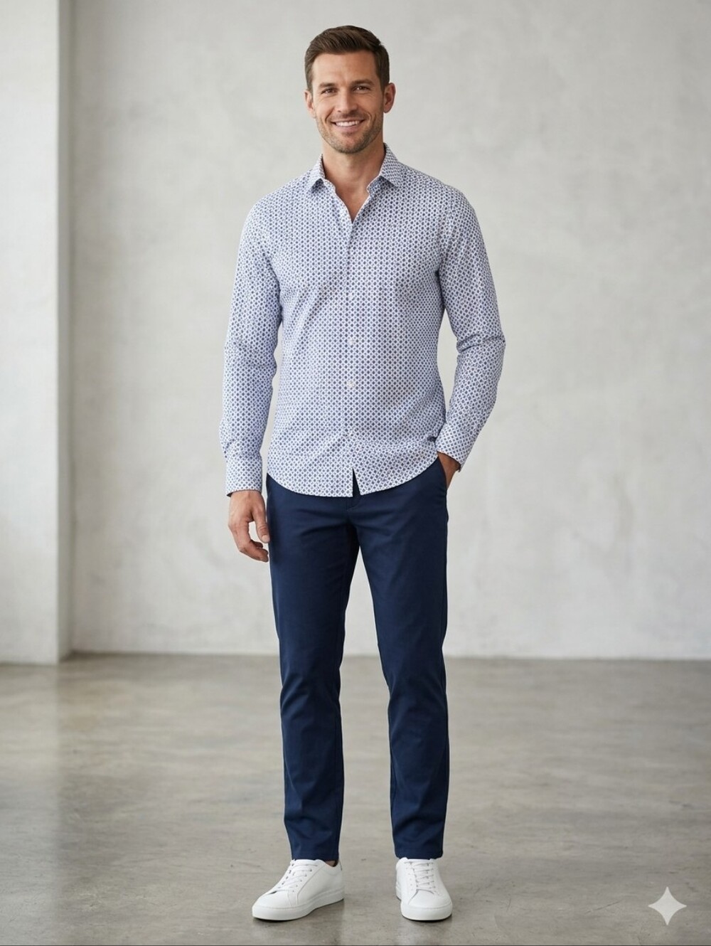 Kenneth Cole White Blue Geometric Awearness Stretch Performance Med. Slim Fit